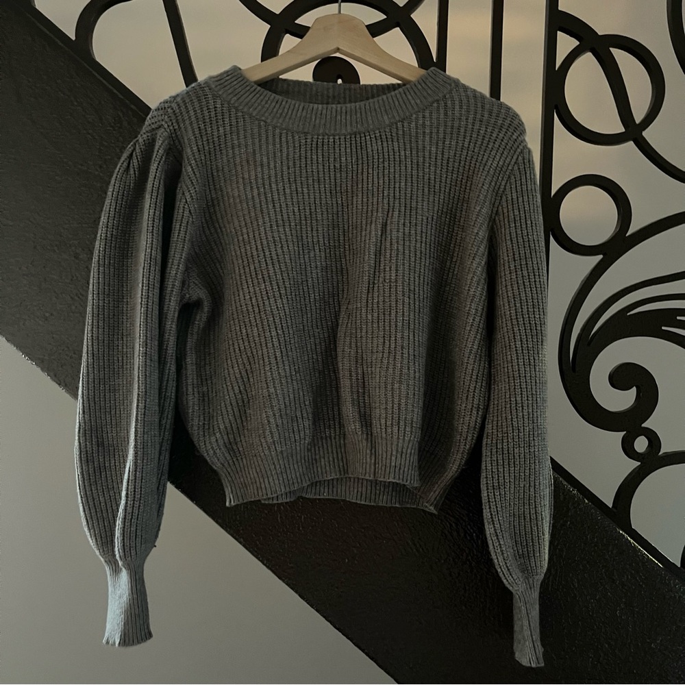 Women’s Chunky Knit Grey Puff Sleeve Cropped Sweater